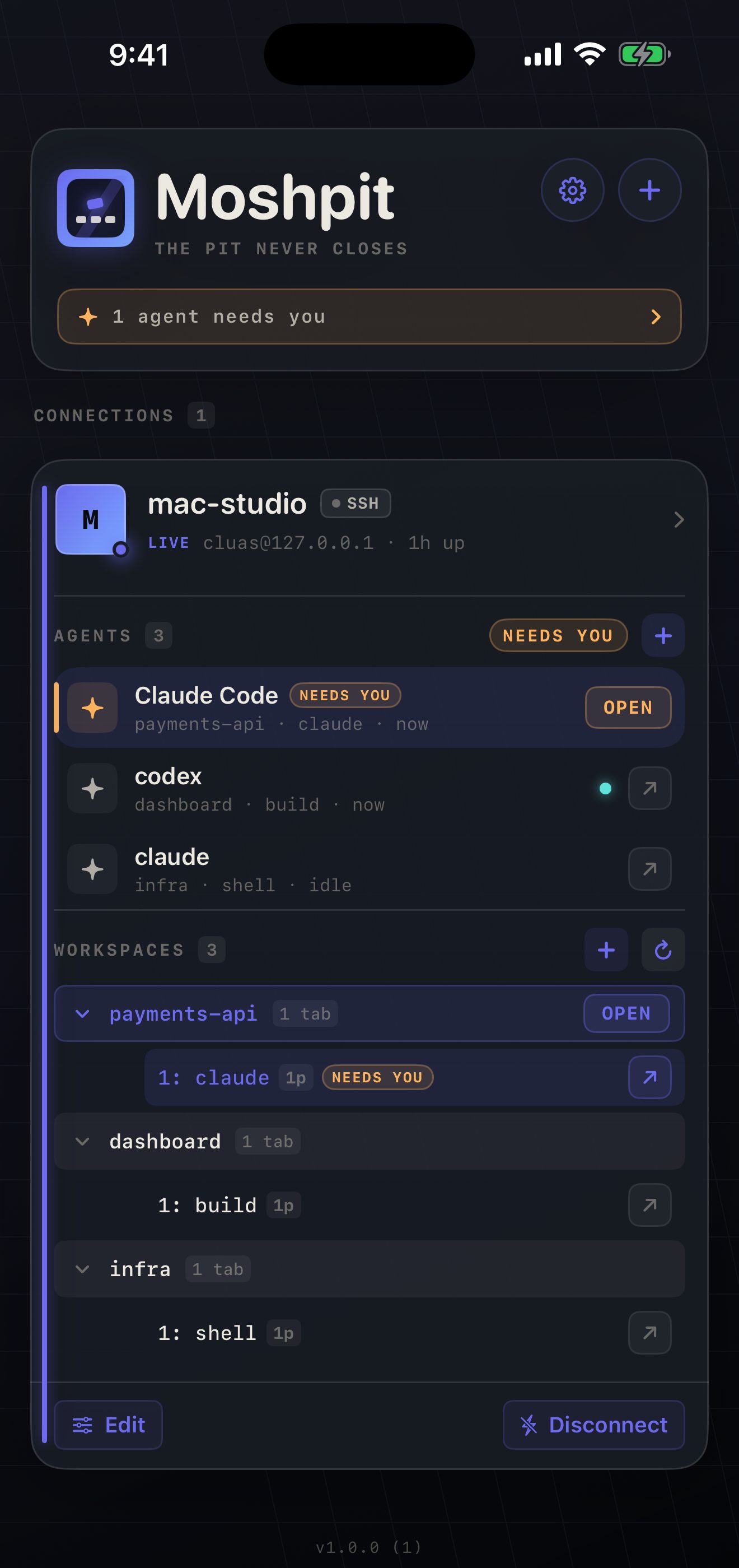 Moshpit home screen: an Agents section listing Claude Code needing you, codex working, and an idle claude, above a tree of workspaces