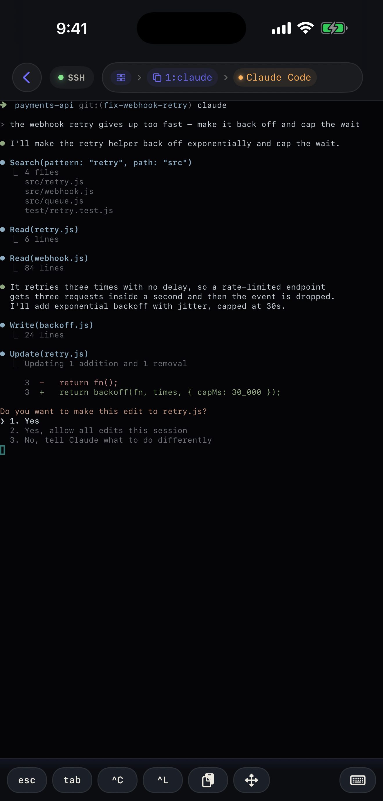 Terminal showing a Claude Code edit request awaiting approval, with the breadcrumb naming the agent in amber