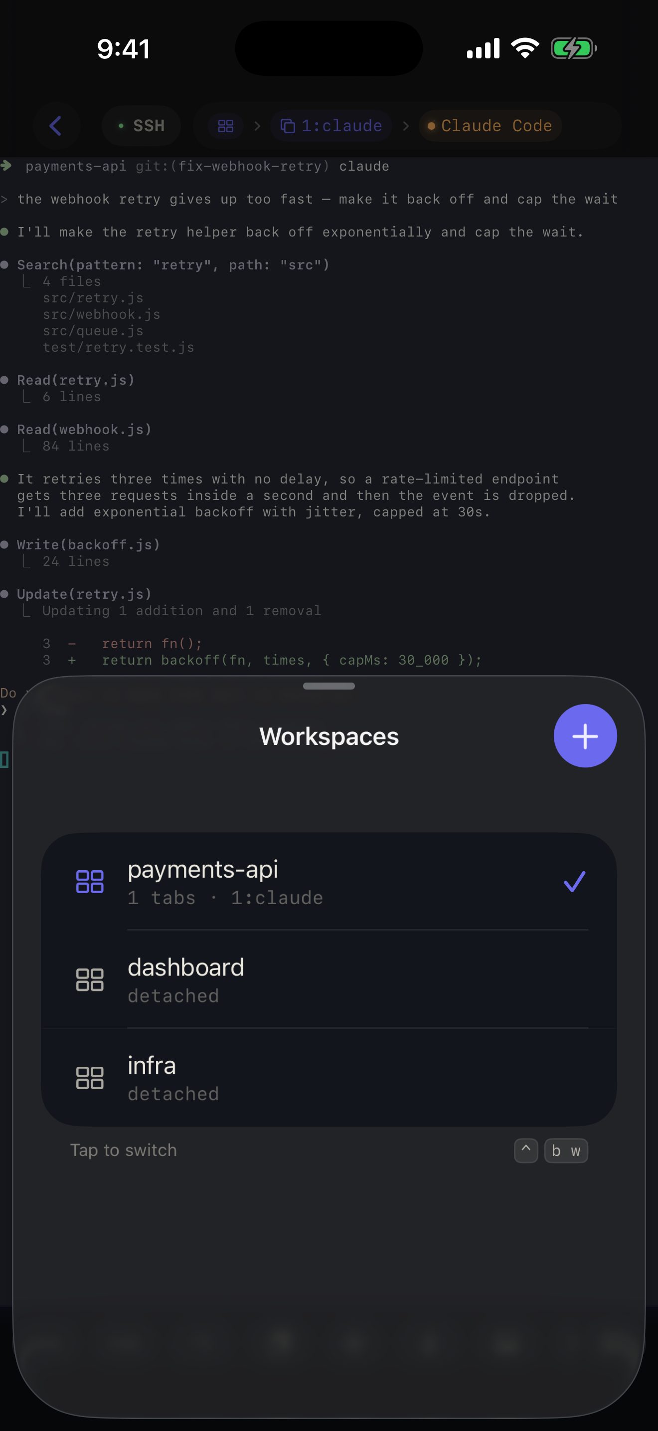 工作区面板：payments-api 已勾选，1 个标签页 1，就是 New Agent Task 刚建出来的那个工作区；下面列着 dashboard 和 infra，都处于未连接状态