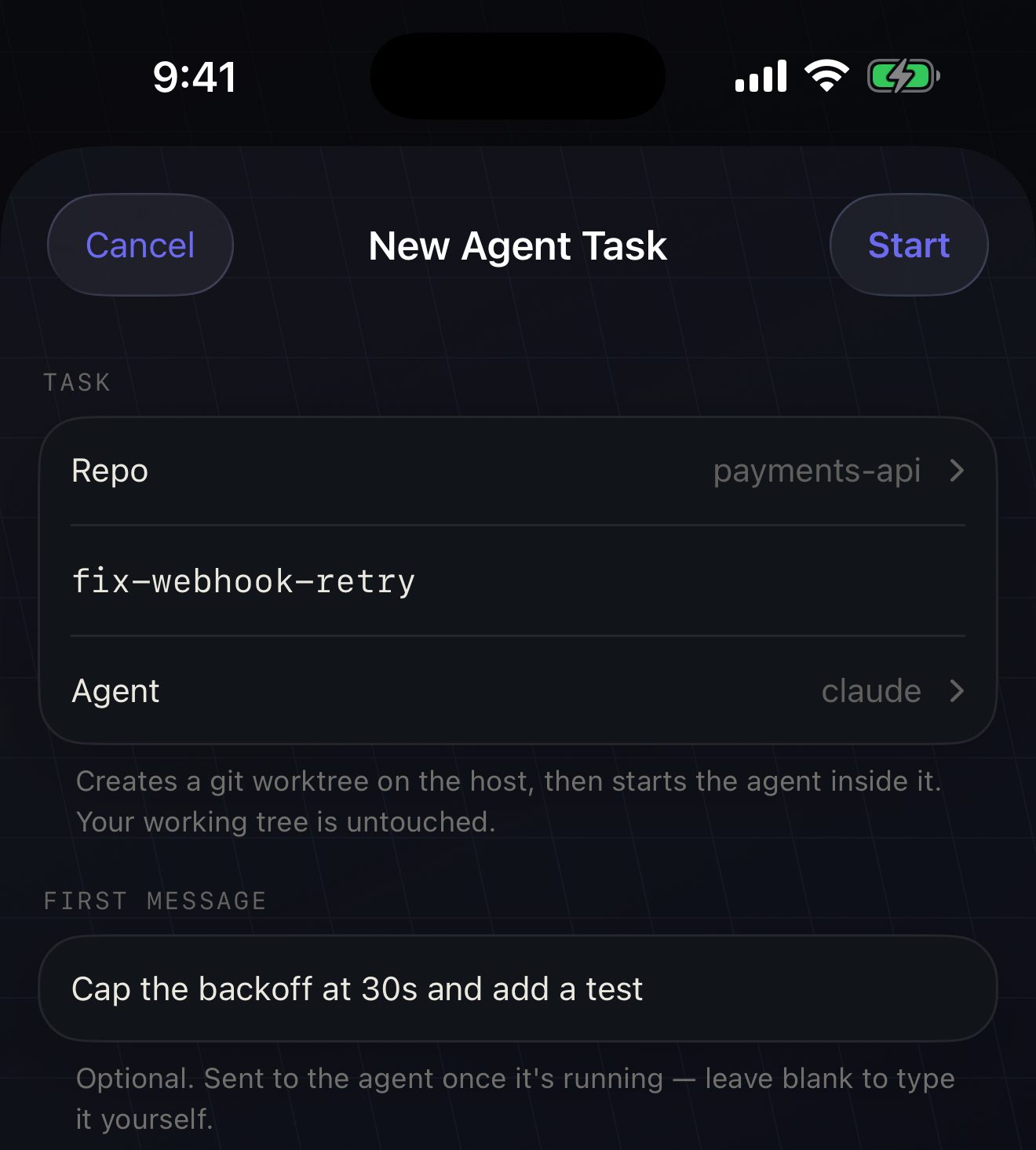 New Agent Task sheet: repo payments-api, branch fix-webhook-retry, agent claude, and a first message