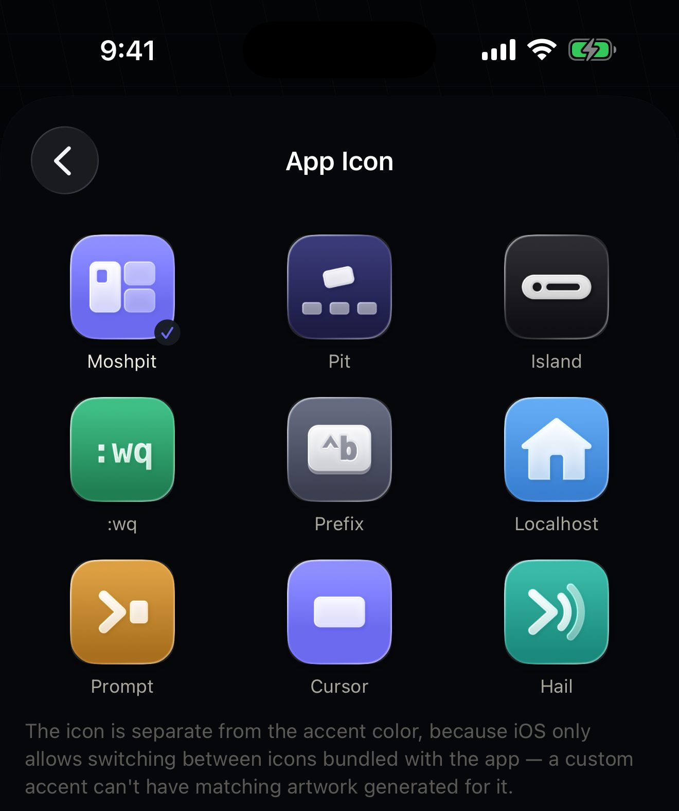 The App Icon picker: Moshpit, Pit, Island, , Prefix, Localhost, Prompt, Cursor and Hail — nine Liquid Glass icons