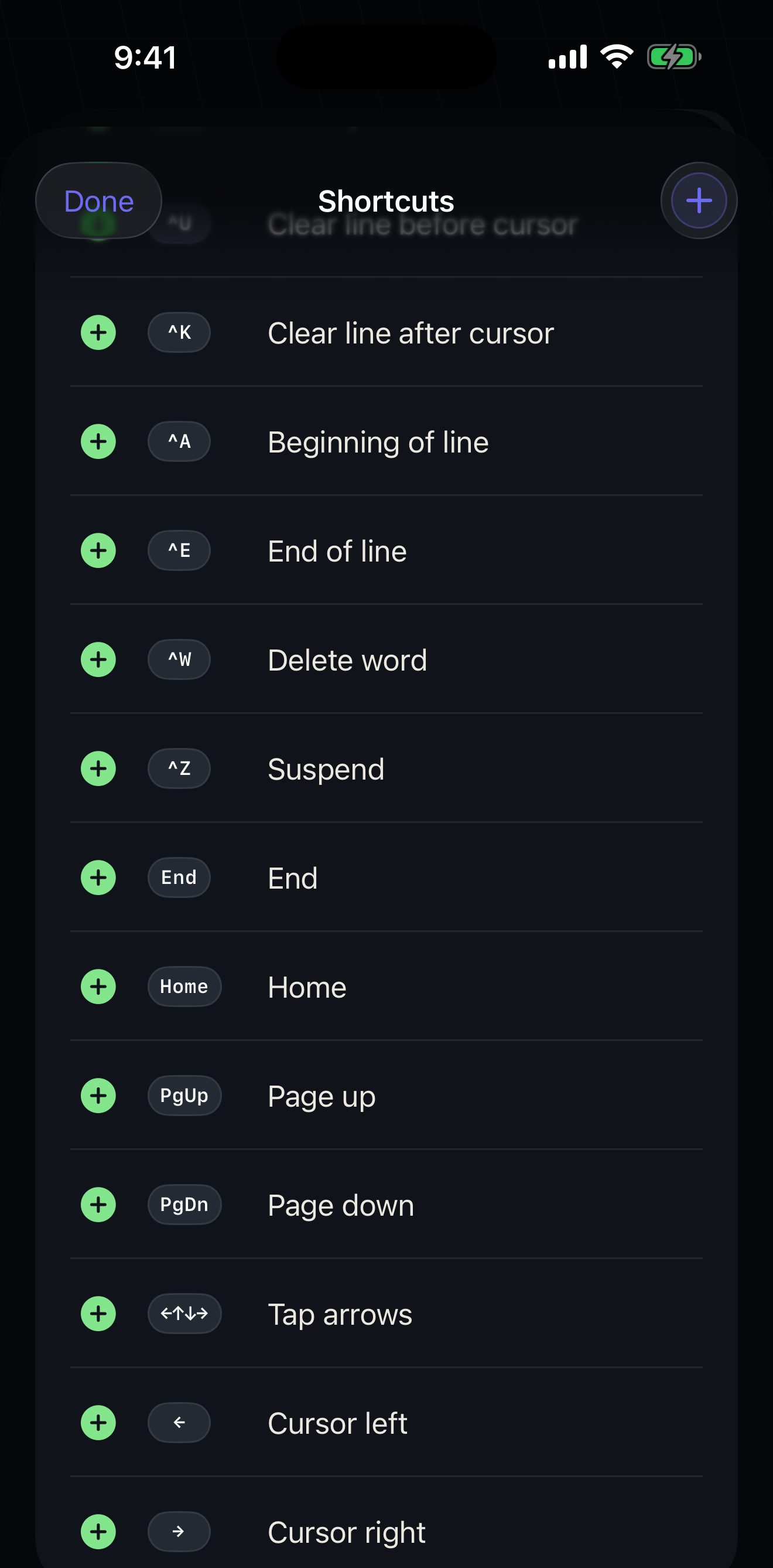 The AVAILABLE list in the Shortcuts editor: built-in keys not currently on the bar, each with a green + to add it back