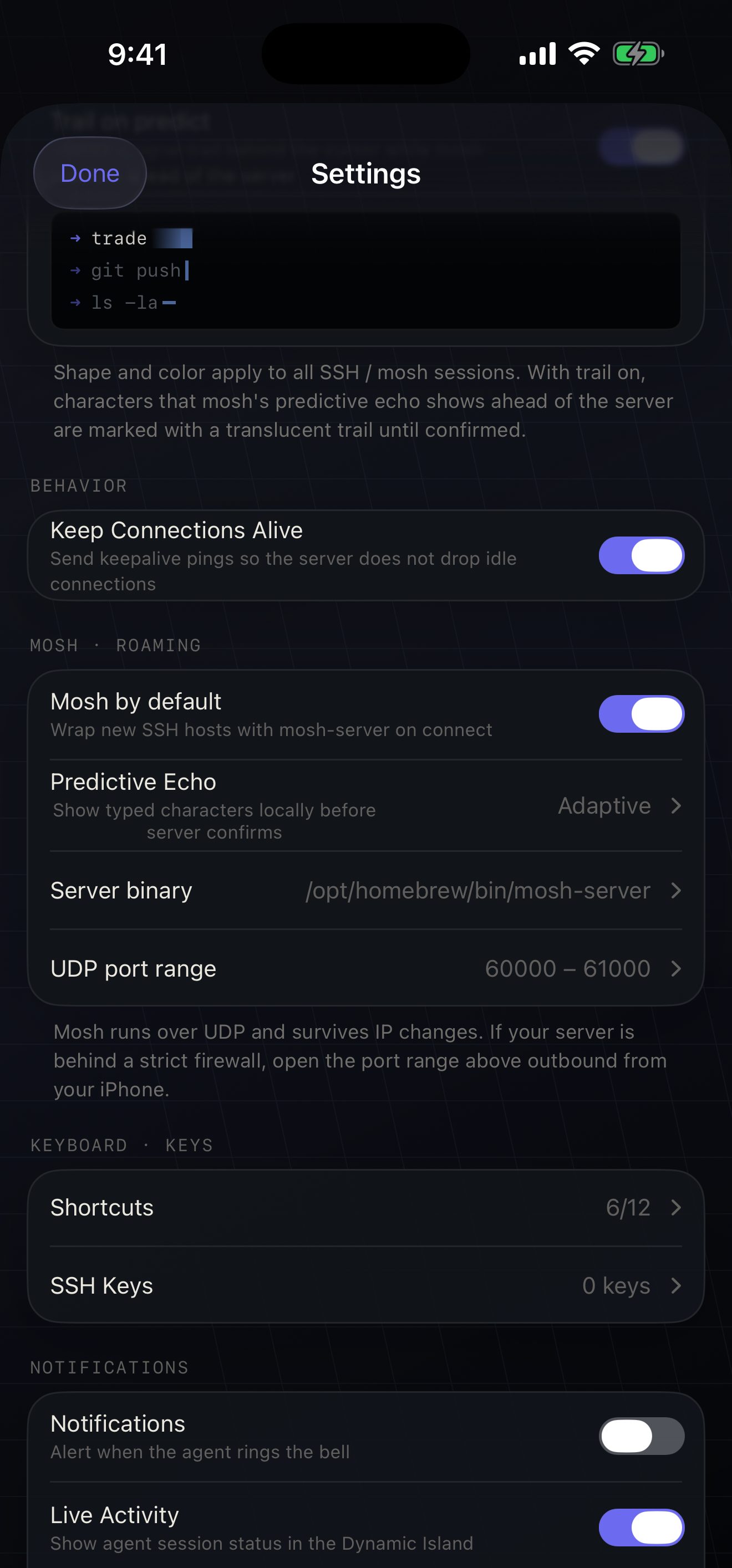 Settings: Mosh by default, predictive echo, and the cursor trail option