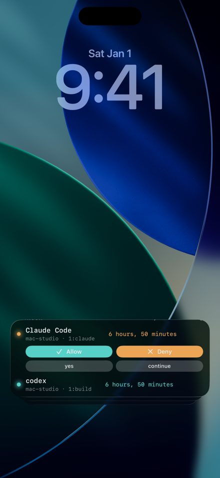iPhone lock screen with an Moshpit Live Activity: Claude Code with Allow and Deny buttons, and codex working below it