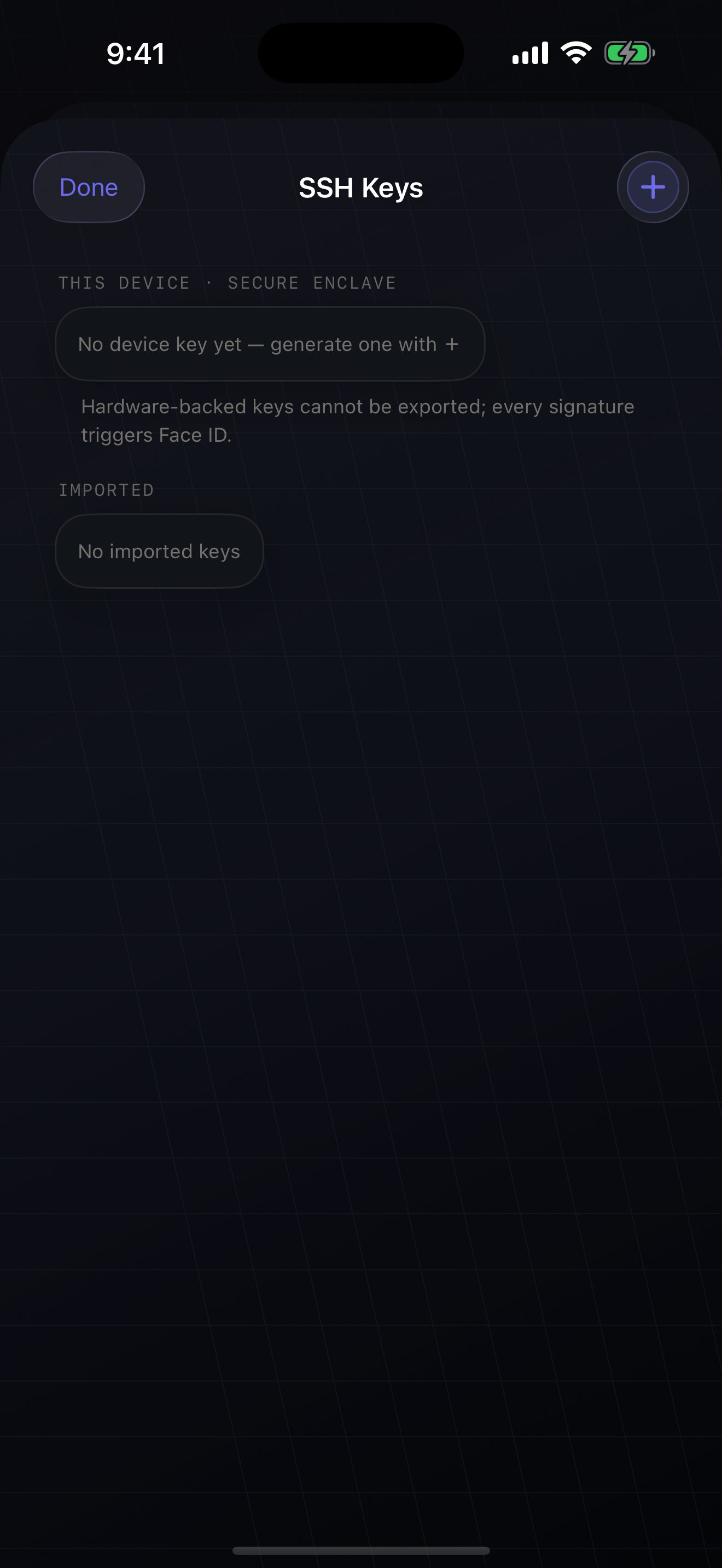 The SSH Keys screen in Settings, before any key exists: a THIS DEVICE · SECURE ENCLAVE section reading