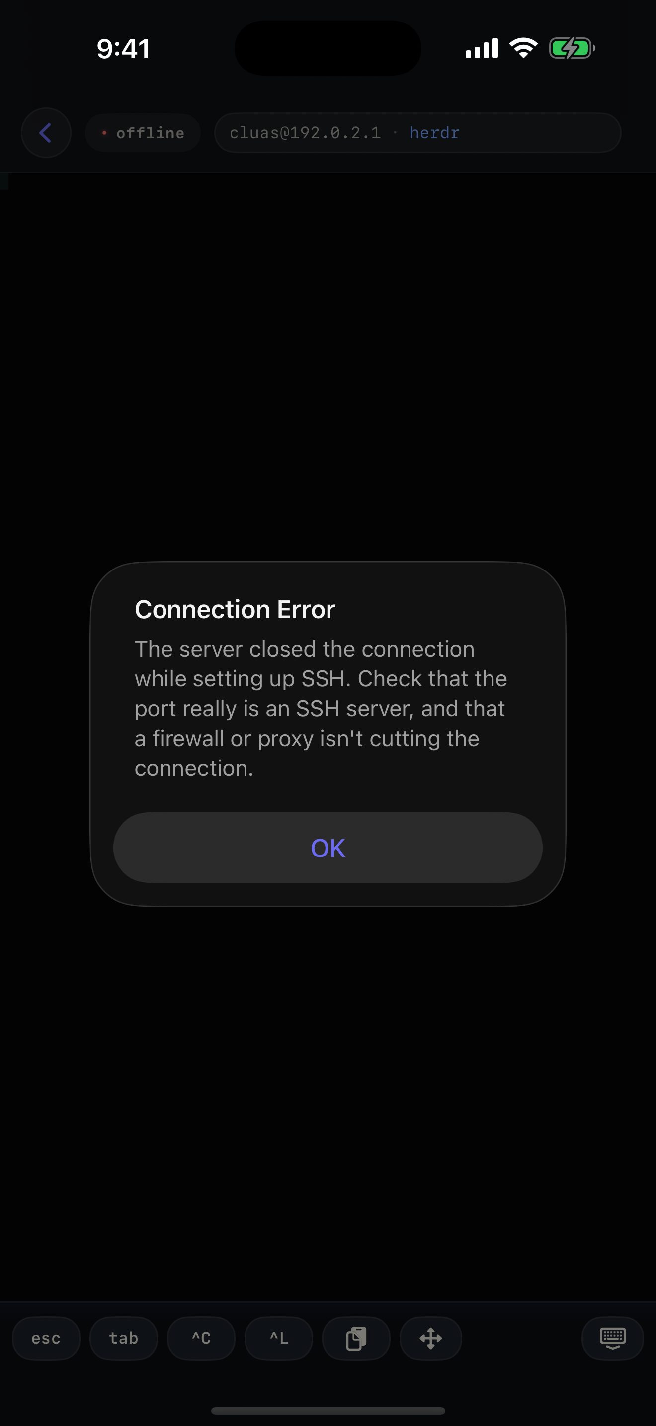 A Connection Error alert reading
