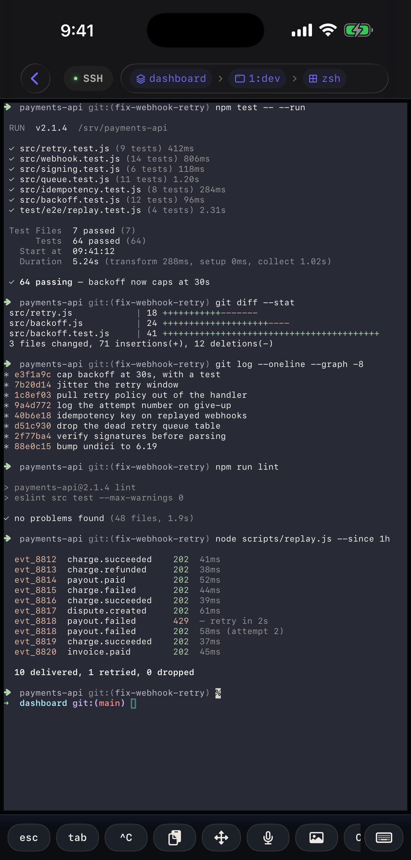 Scrolled back in a plain shell pane: several minutes of a webhook server’s request log