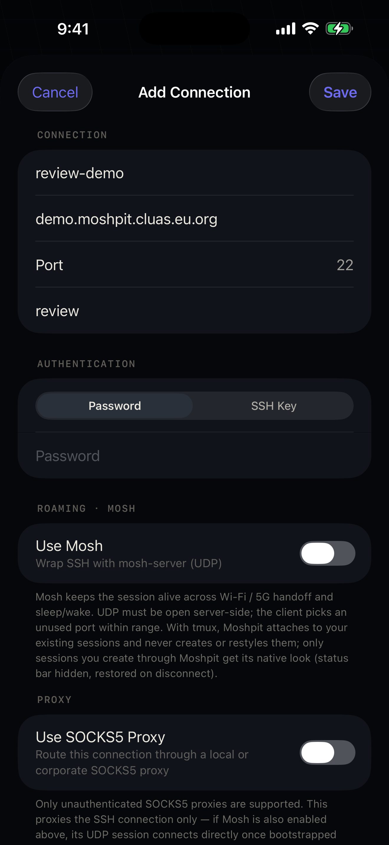 The Add Connection sheet: Name review-demo, Host demo.moshpit.cluas.eu.org, Port 22, Username review, with the Password tab selected under Authentication