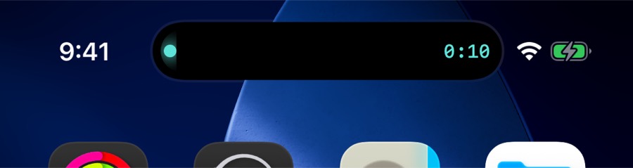 Dynamic Island showing a teal dot and a live timer while an agent works